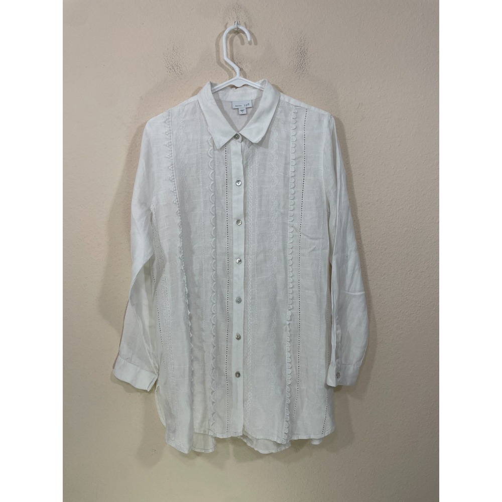 J Jill Love Linen White Blouse Women's Large Embroidered Long Sleeve Button Down
